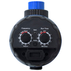Black ABS automatic water timer with frequency and run time dials, blue top, and ball valves.