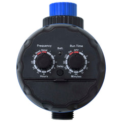 Black ABS automatic water timer with dual dials and ball valves for garden irrigation control.