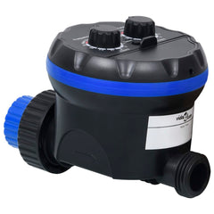 Black ABS automatic water timer with single outlet, dual dials, and blue ball valves.