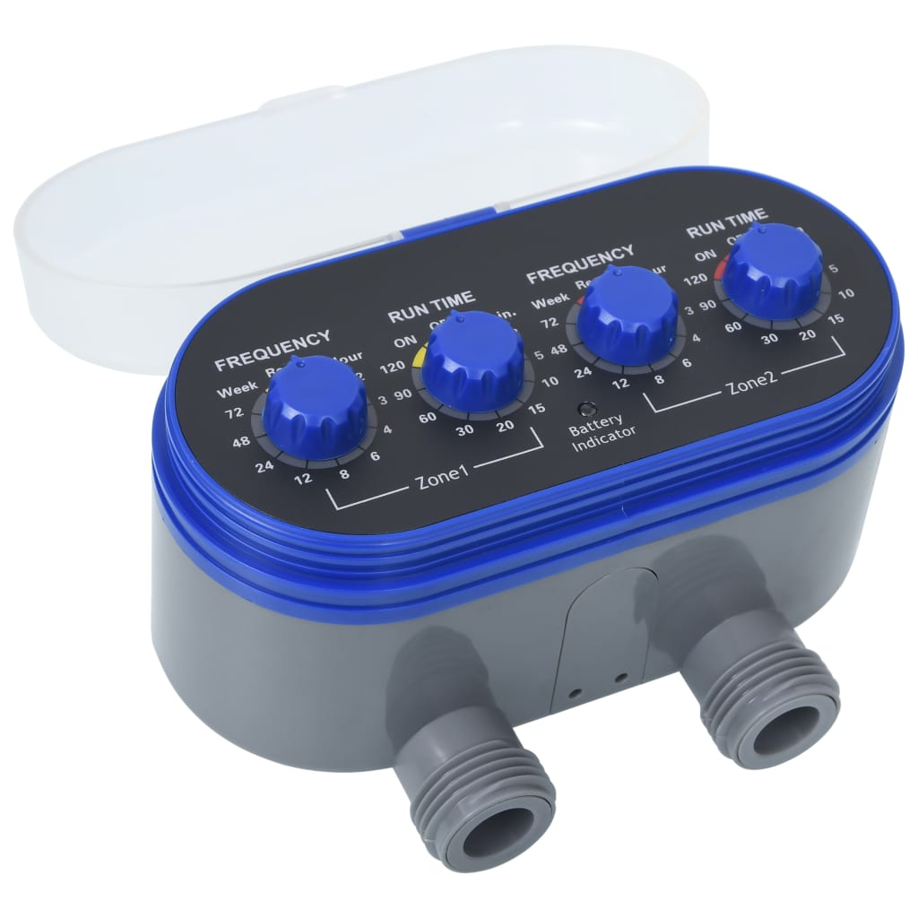 Gray and blue ABS water timer with two hose outlets, ball valves, and dials for frequency and run time.