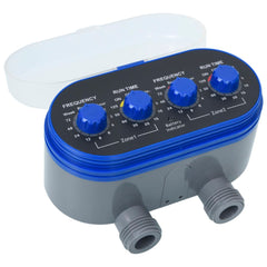 Gray and blue ABS water timer with two hose outlets, ball valves, and dials for frequency and run time.