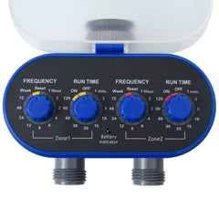 Blue gray Bostome double outlet water timer with two blue dials and ball valves on bottom.
