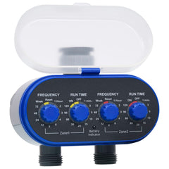 Blue-gray ABS double outlet water timer with ball valves, dials for frequency and runtime on two zones, and battery indicator.