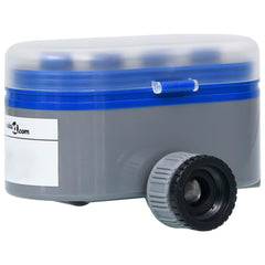 Bostome double outlet water timer in blue gray ABS with ball valves and wheels.