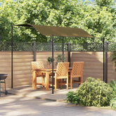 Taupe 9.8'x7.9' steel polyester gazebo awning shading a wooden patio table and chairs.