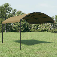 Taupe outdoor gazebo with arched steel frame and polyester canopy in a grassy yard.