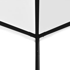 White steel frame gazebo with a triangular roof and black support poles visible from below.