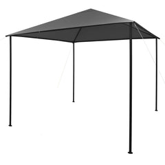 A 9.8x9.8 ft anthracite steel frame gazebo with a gray fabric roof and four corner supports.