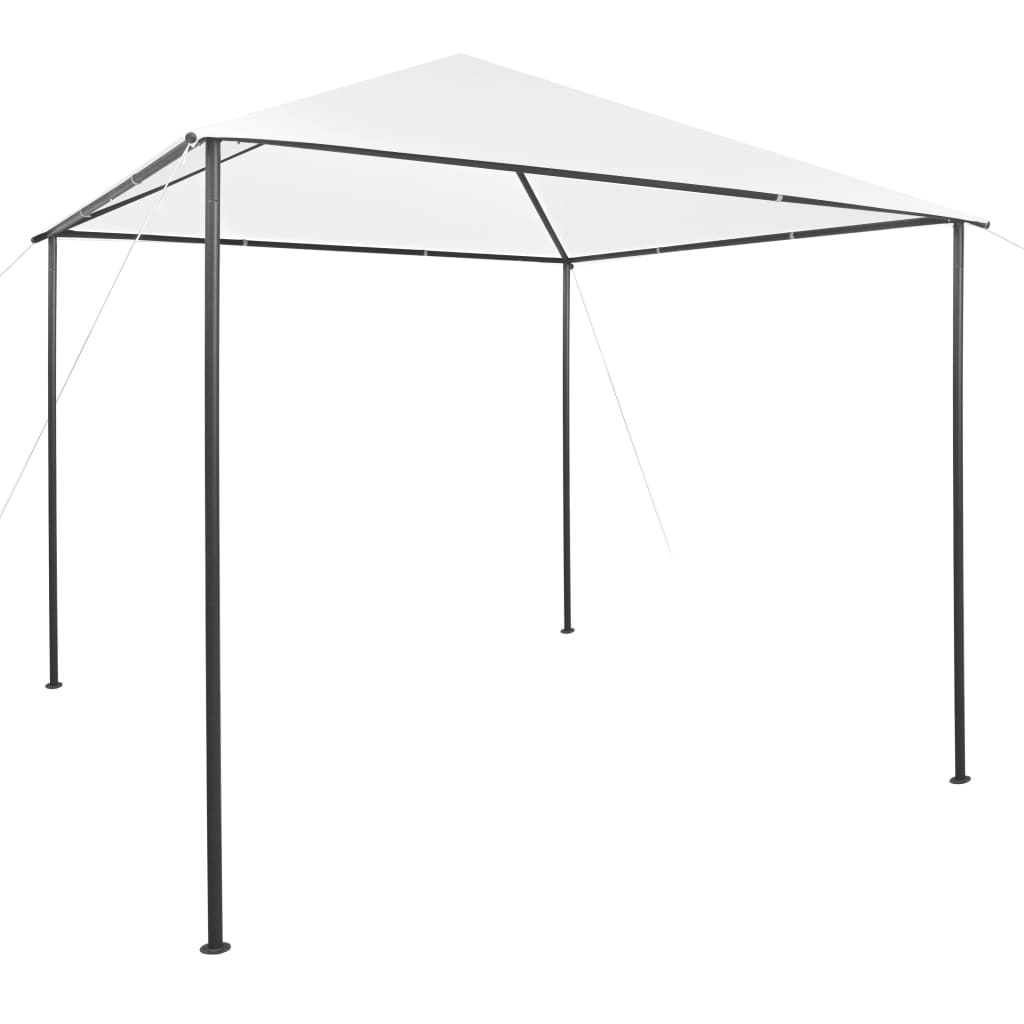 White steel frame gazebo with a 9.8'x9.8' UV-resistant fabric roof.