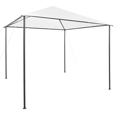 White steel frame gazebo with a 9.8'x9.8' UV-resistant fabric roof.