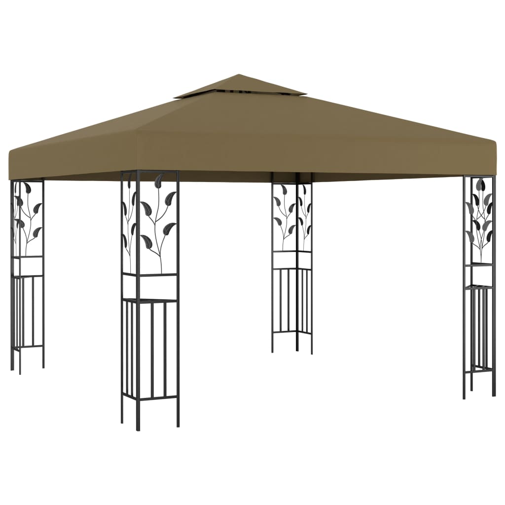 A 9.8x9.8 ft taupe steel gazebo with UV-resistant canopy and floral-patterned posts.