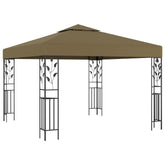 A 9.8x9.8 ft taupe steel gazebo with UV-resistant canopy and floral-patterned posts.
