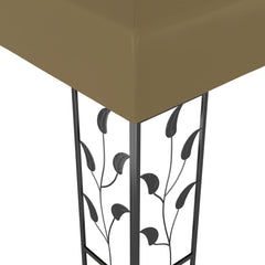 Taupe steel gazebo with UV-resistant canopy and ornate leaf-patterned legs.