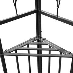 Close-up of taupe steel gazebo corner with black metal frame and braces.