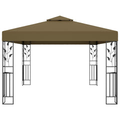 A taupe steel frame gazebo with a double roof and a spacious 9.8'x13.1' canopy.