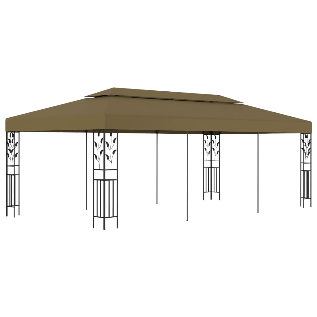 Taupe outdoor gazebo with a steel frame and ornate floral details for garden gatherings.