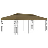 Taupe outdoor gazebo with a steel frame and ornate floral details for garden gatherings.