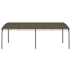 Taupe garden sunshade awning measuring 19.7 feet long with arched roof and steel frame.