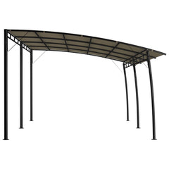 Taupe garden sunshade awning with curved roof and black metal frame, measuring 19.7 by 9.8 by 8.4 feet.