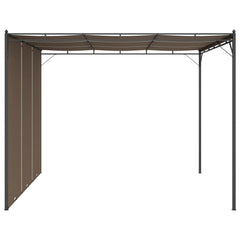 Taupe garden gazebo with steel frame and one side curtain, 9.8 by 9.8 feet, 7.4 feet high.