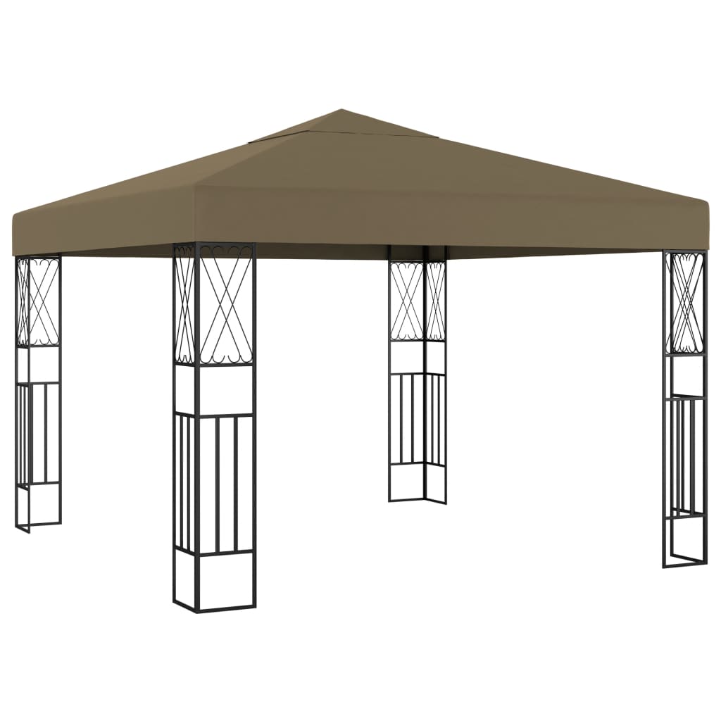Taupe fabric gazebo with steel frame, measuring 118.1x118.1 inches.