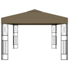 Taupe polyester gazebo with steel frame and decorative cross details, 118x158 inches.