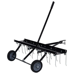 Black steel scarifier with 20 tines and two wheels, designed for ride-on mowers.