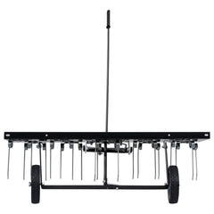 Black 39.4-inch scarifier with steel tines and wheels for ride-on mowers.