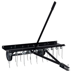 Black 39.4-inch scarifier with steel tines for ride-on mowers, featuring a handle and hitch.