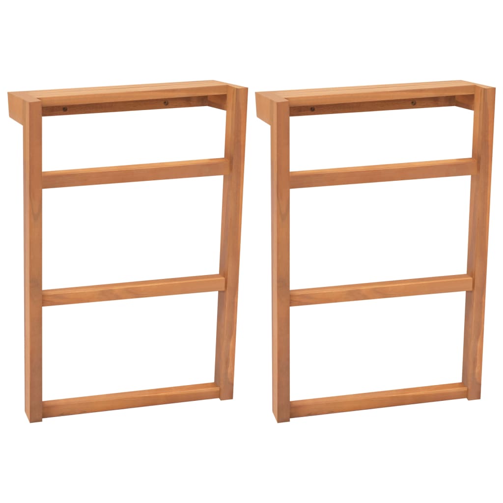 Set of two solid teak wood towel racks with three rails each.