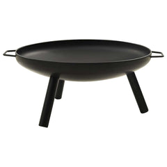 Black powder-coated steel fire pit with 27.6-inch bowl and three legs.