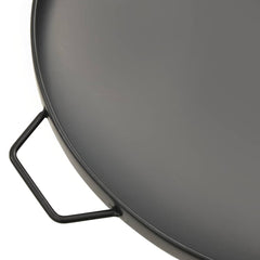 Black powder-coated steel fire pit with round bowl and handles, 27.6 inches wide.