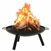 Black powder-coated steel fire pit with burning logs in a 27.6-inch bowl on four legs.