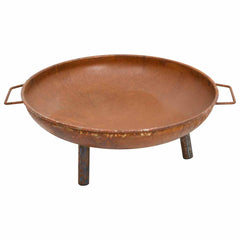 Brown rustic steel fire pit with 26.6-inch bowl, handles, and legs.