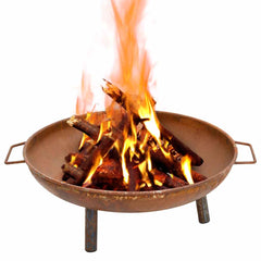 Brown rustic steel fire pit with burning logs in a 26.6-inch bowl and side handles.