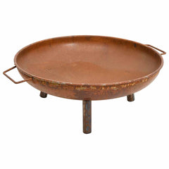 Rustic brown steel fire pit with 26.6-inch bowl, handles, and three legs.