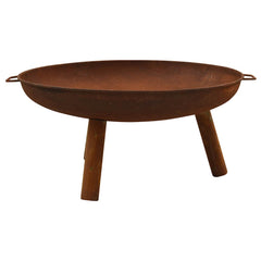Rustic brown steel fire pit with round bowl, side handles, and four legs.