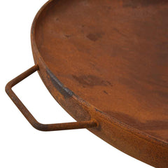 Rustic brown steel fire pit bowl with integrated side handles.