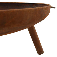Rustic brown steel fire pit with wide bowl and three short legs.