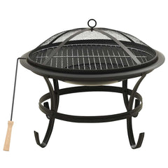 A black steel 22-inch 2-in-1 fire pit and BBQ grill with mesh lid and wooden poker.
