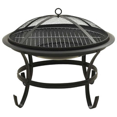 Black steel 22-inch 2-in-1 fire pit and BBQ grill with mesh lid and poker.