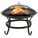 Black steel 22-inch fire pit and BBQ grill with mesh cover and tripod legs burning wood logs