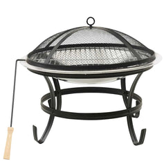 Bostome 2-in-1 stainless steel fire pit BBQ with mesh lid, cooking grid, and poker on black stand.