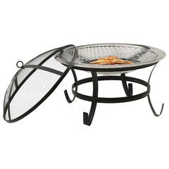 Stainless steel 2-in-1 fire pit and BBQ with open mesh lid and poker.