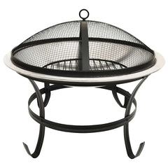 Black and silver stainless steel fire pit with mesh cover and poker on curved legs