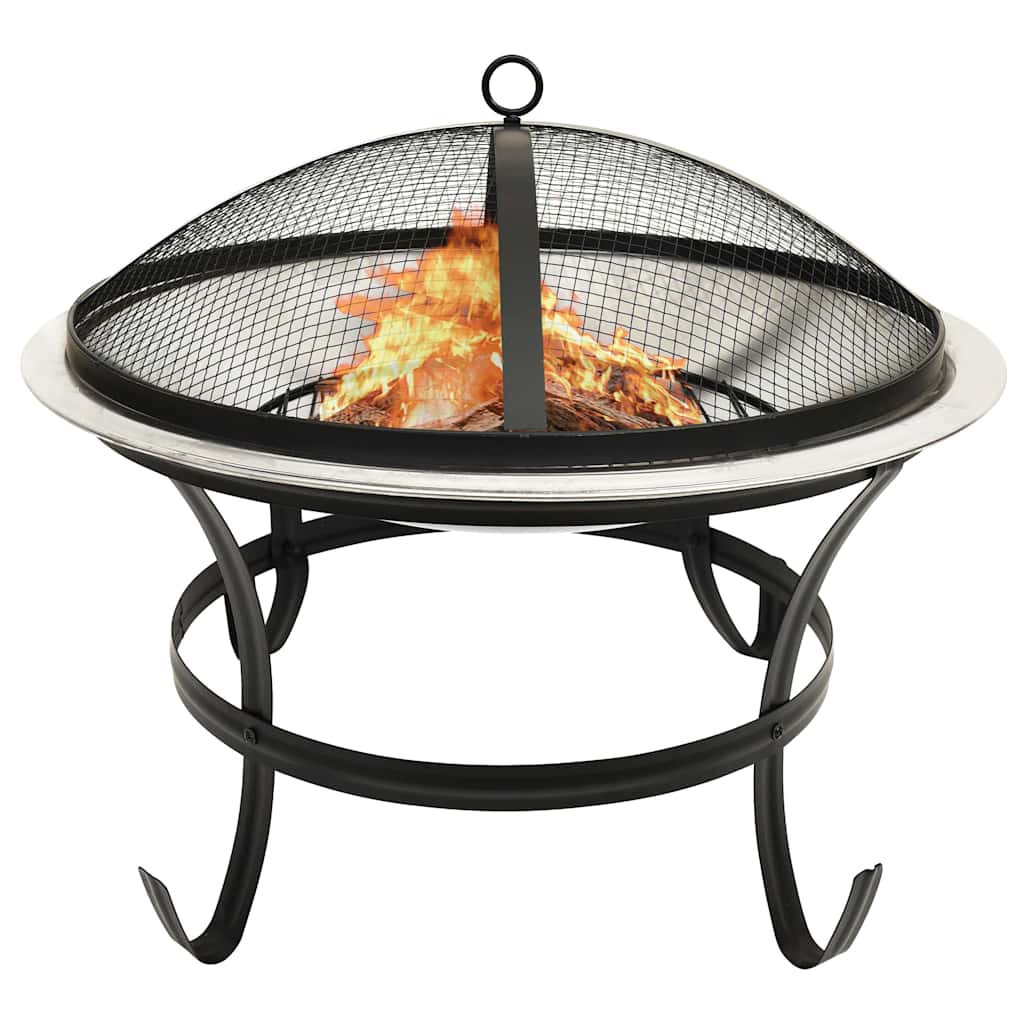 Black and silver stainless steel fire pit with mesh cover and burning fire inside.