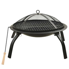 Black 22-inch steel 2-in-1 fire pit and BBQ grill with mesh lid and foldable legs.