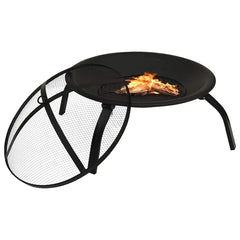 Black 22-inch steel fire pit with open mesh lid, burning flames, and foldable legs.