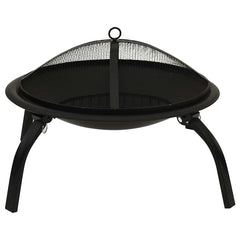 Black 22-inch steel fire pit with mesh lid, cooking grid, and foldable legs.