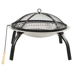 A 22-inch stainless steel 2-in-1 fire pit and BBQ with mesh lid, cooking grid, poker, and foldable legs.